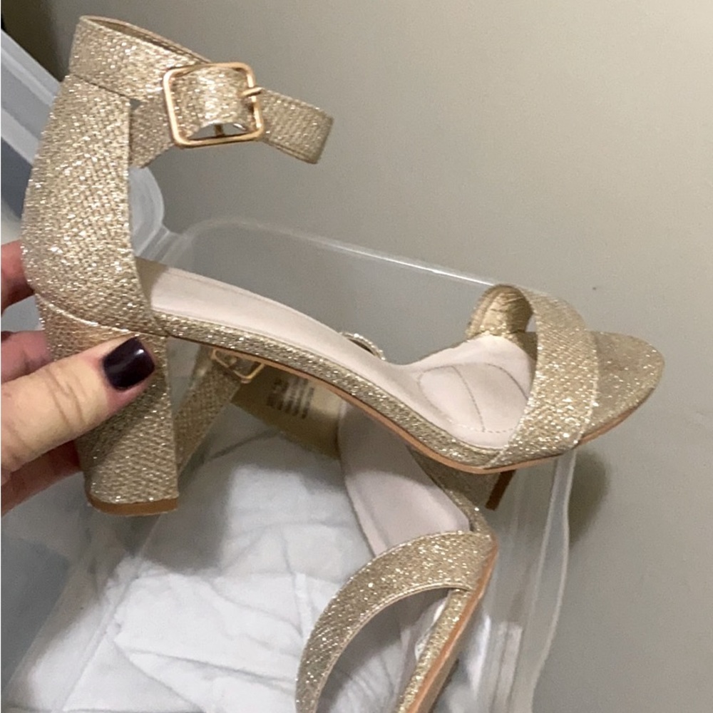 Shimmer gold heels. Comfortable, worn once for son’s wedding! Size 7